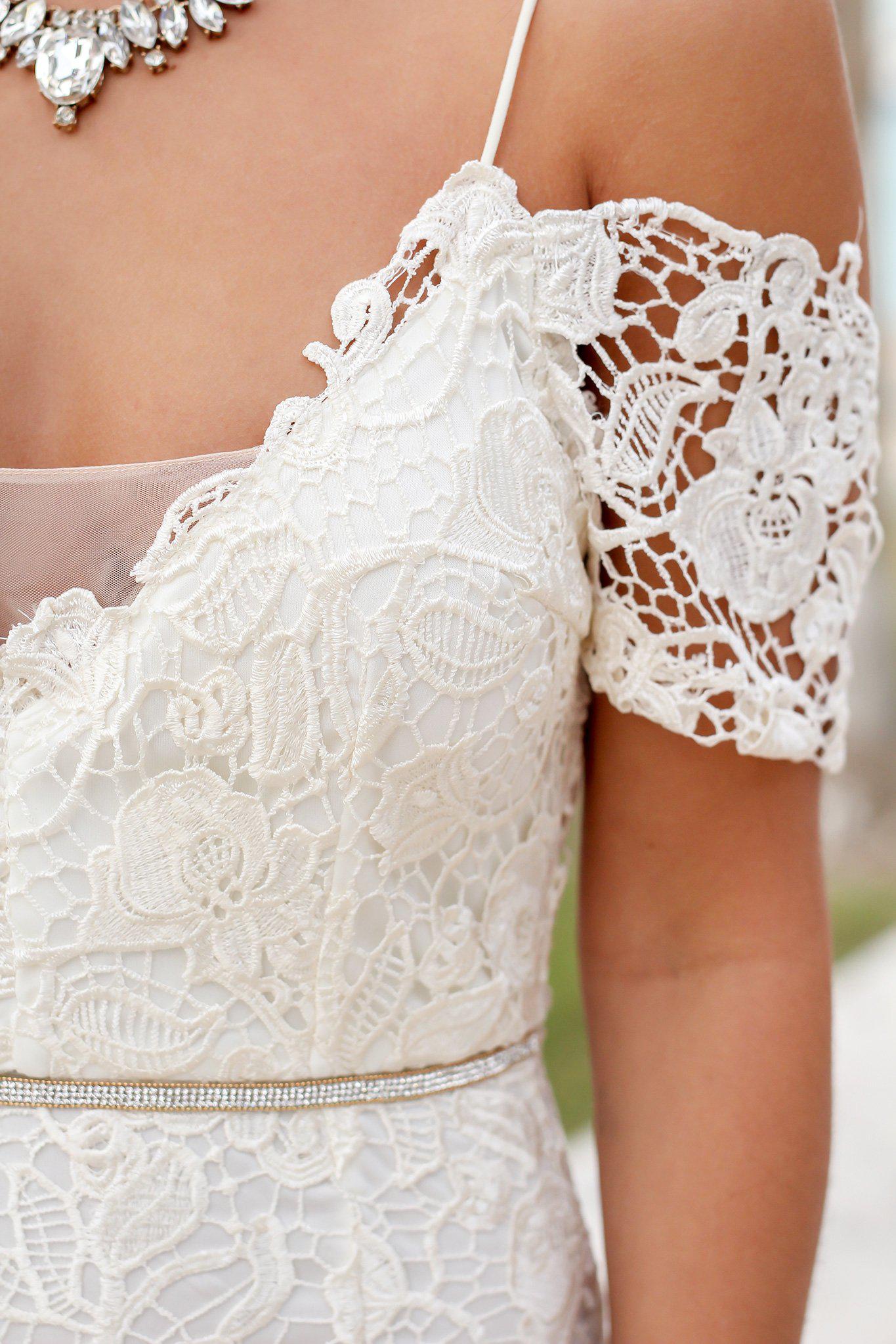 Elegant Cream Crochet Maxi Dress with Stunning Gold Rhinestone Detail