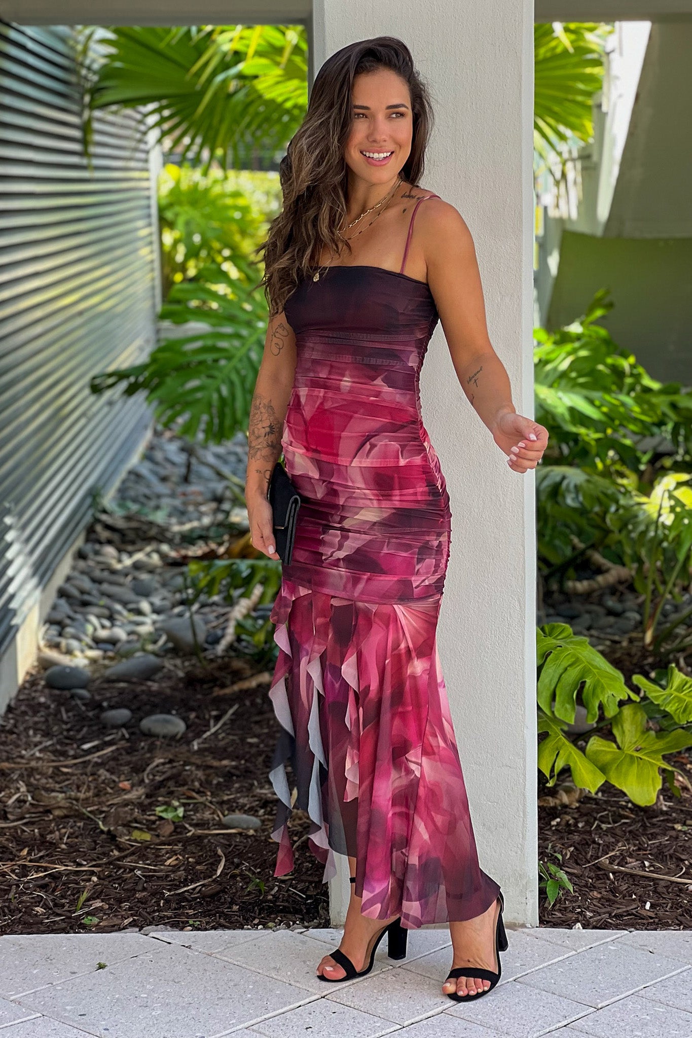 Gorgeous Black-Printed Asymmetrical Ruffled Women's Dress