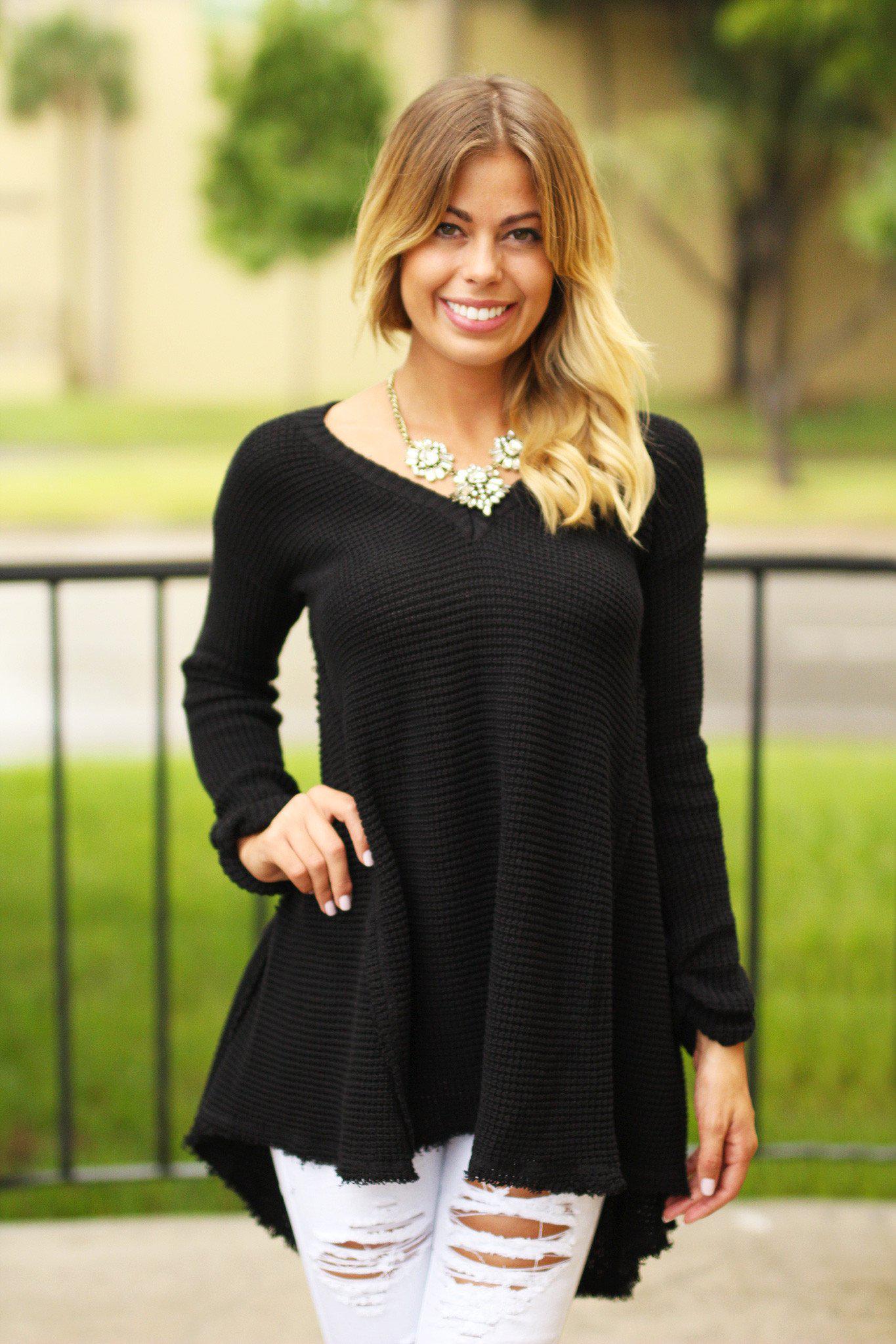 Stylish Black Cotton V-Neck Cold Shoulder Tunic Sweater for All Occasions