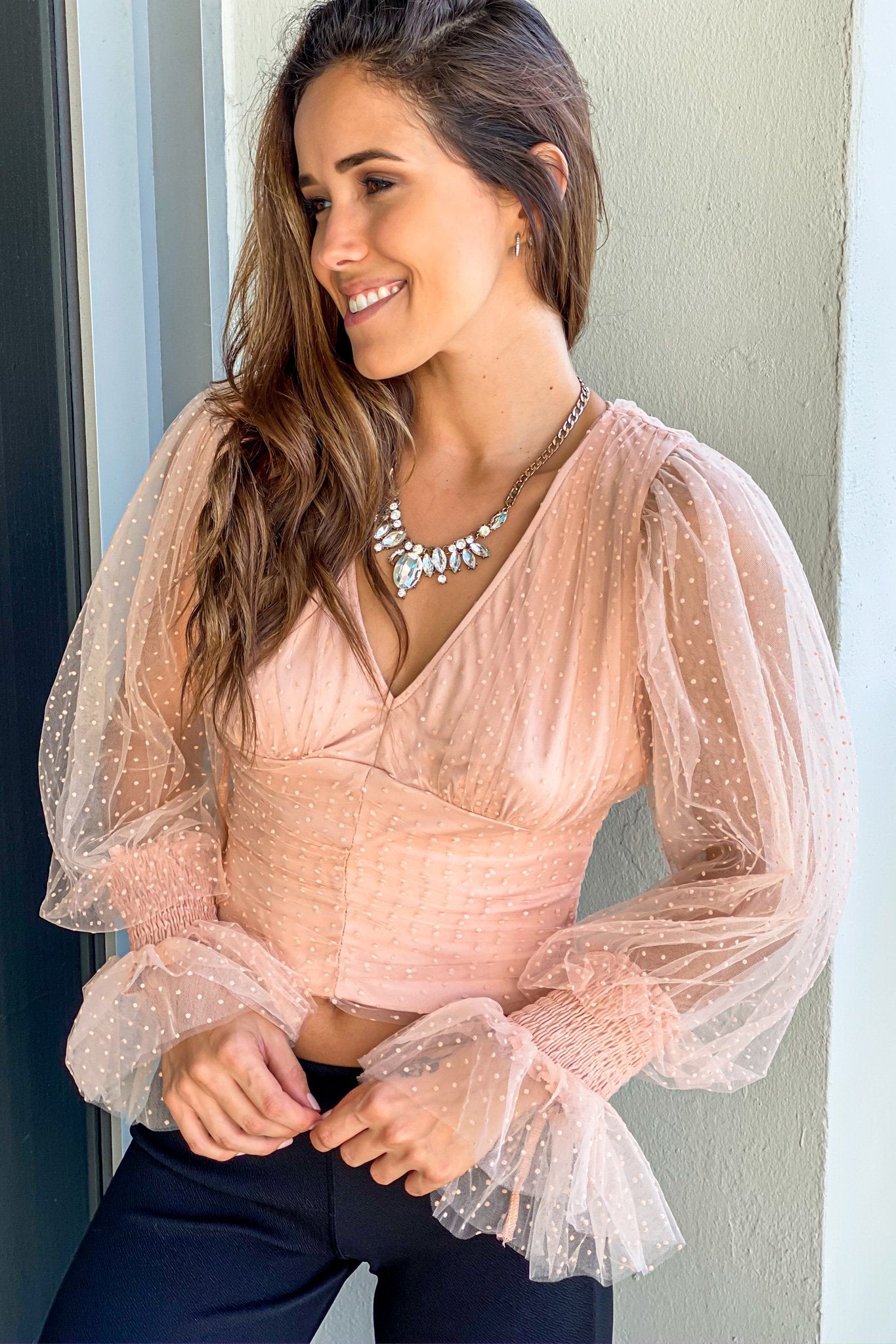 Stylish Blush Women's Long Sleeve Top with Puffy and Polka Dot Tulle Sleeves
