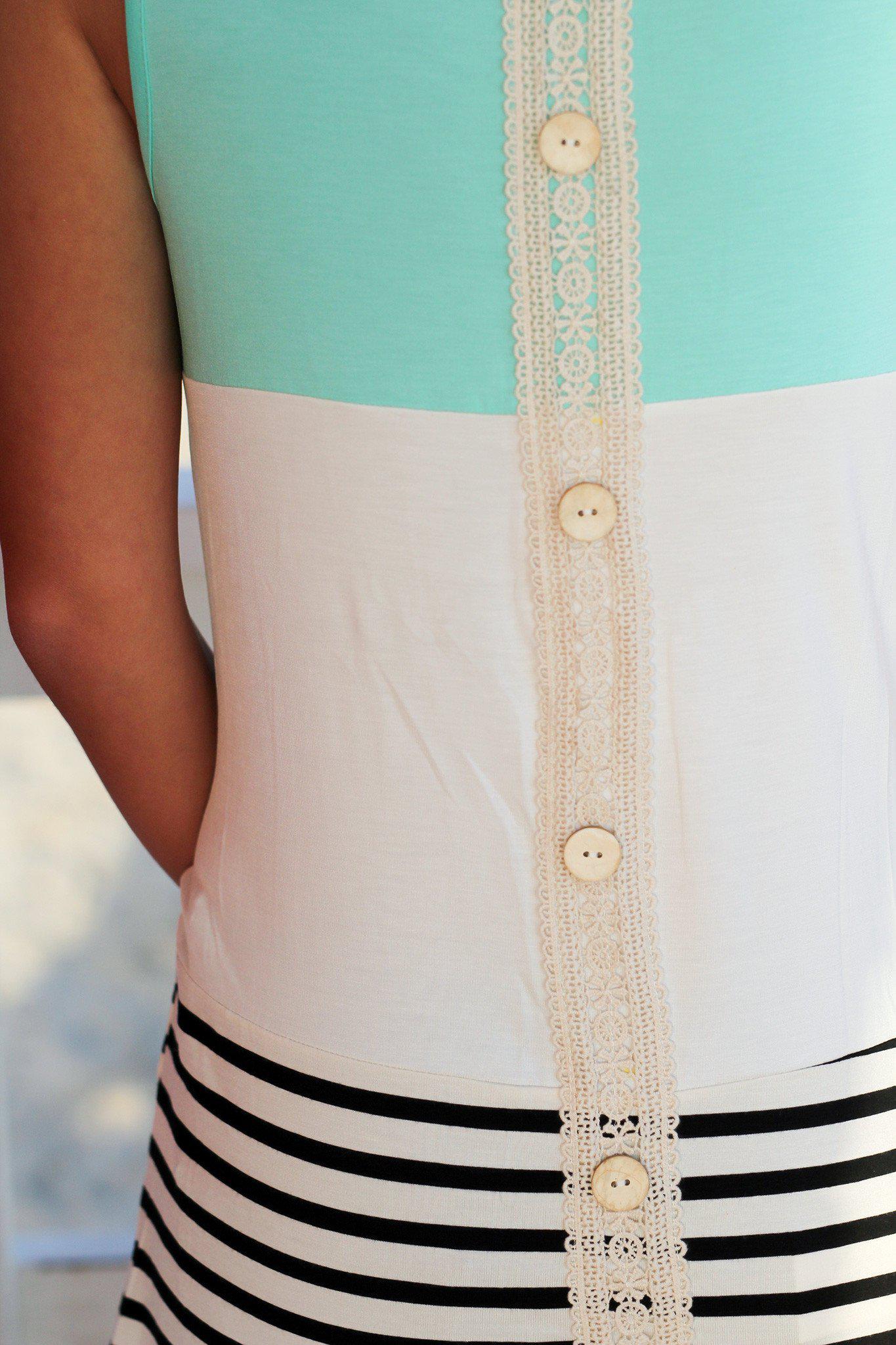 Spring and Summer Mint Colored Block Sleeveless Tank Top with Crochet and Button Detail on the Back