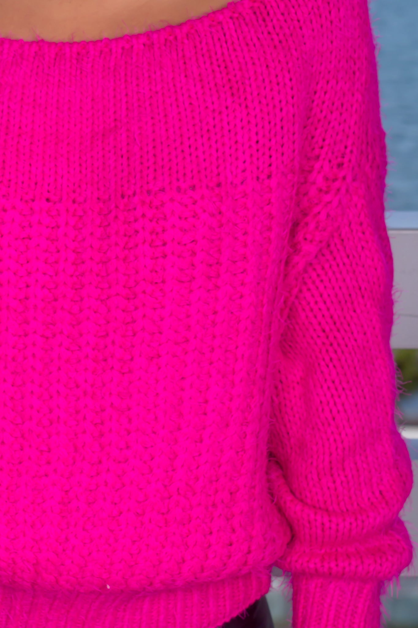 Stylish Hot Pink Knit Off - Shoulder Cozy Sweater