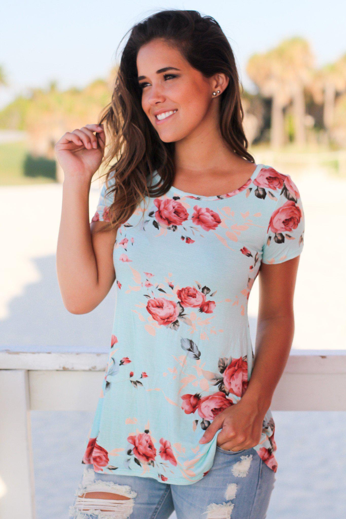 Spring and Summer Must-Have Mint Floral Short Sleeve Women's Top with Criss Cross Back Design
