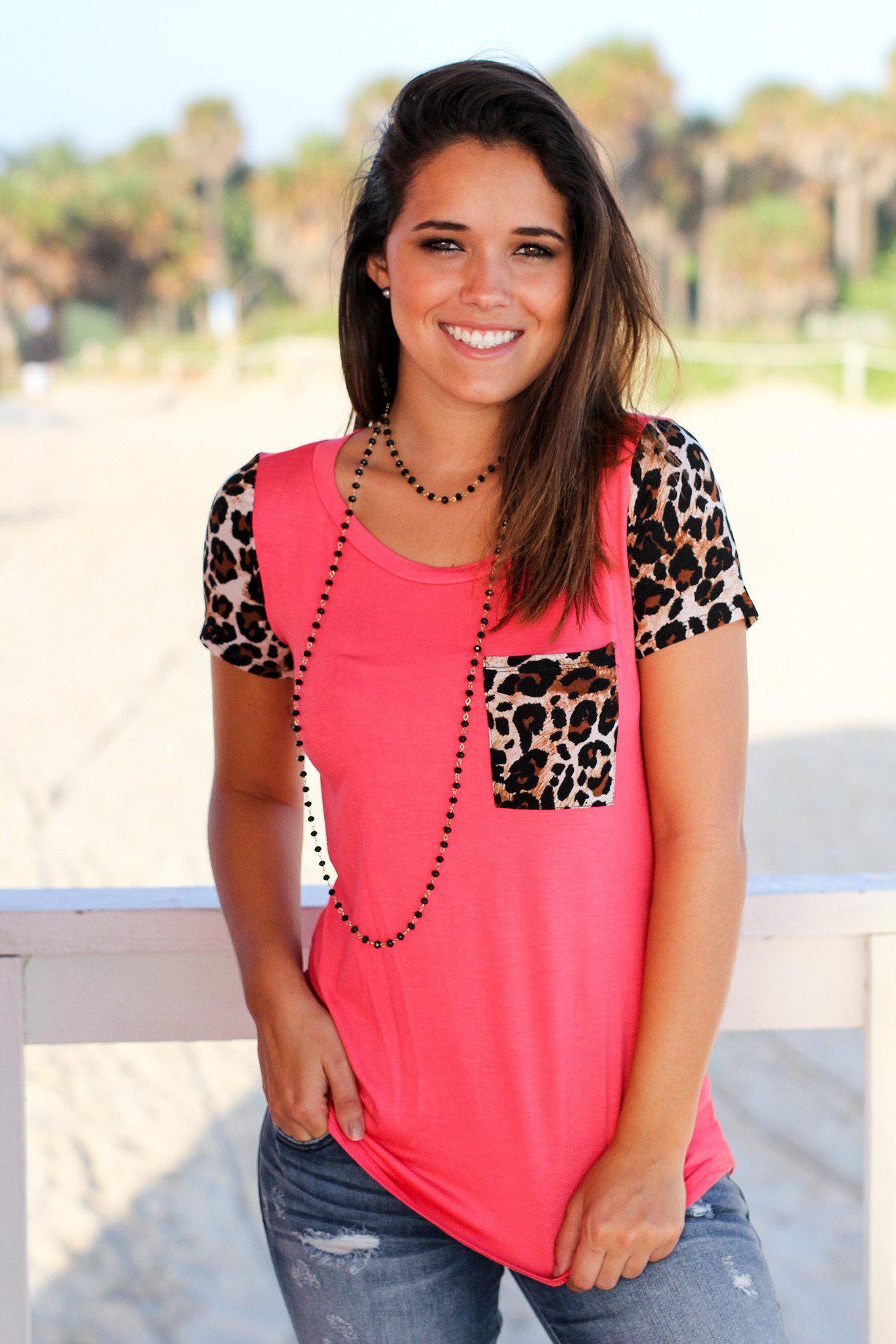 Stylish Coral Top with Leopard Print Sleeves and Pocket
