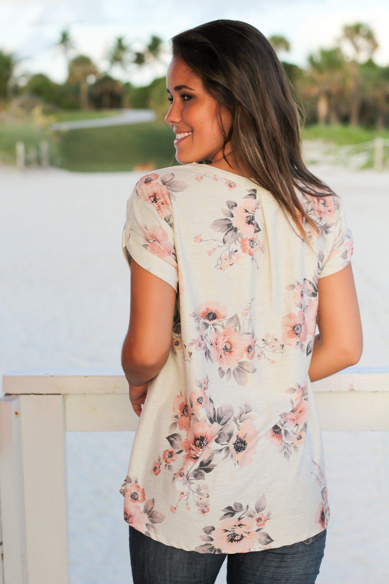 Cream Colored Floral Print Women's V-Neck Casual Top