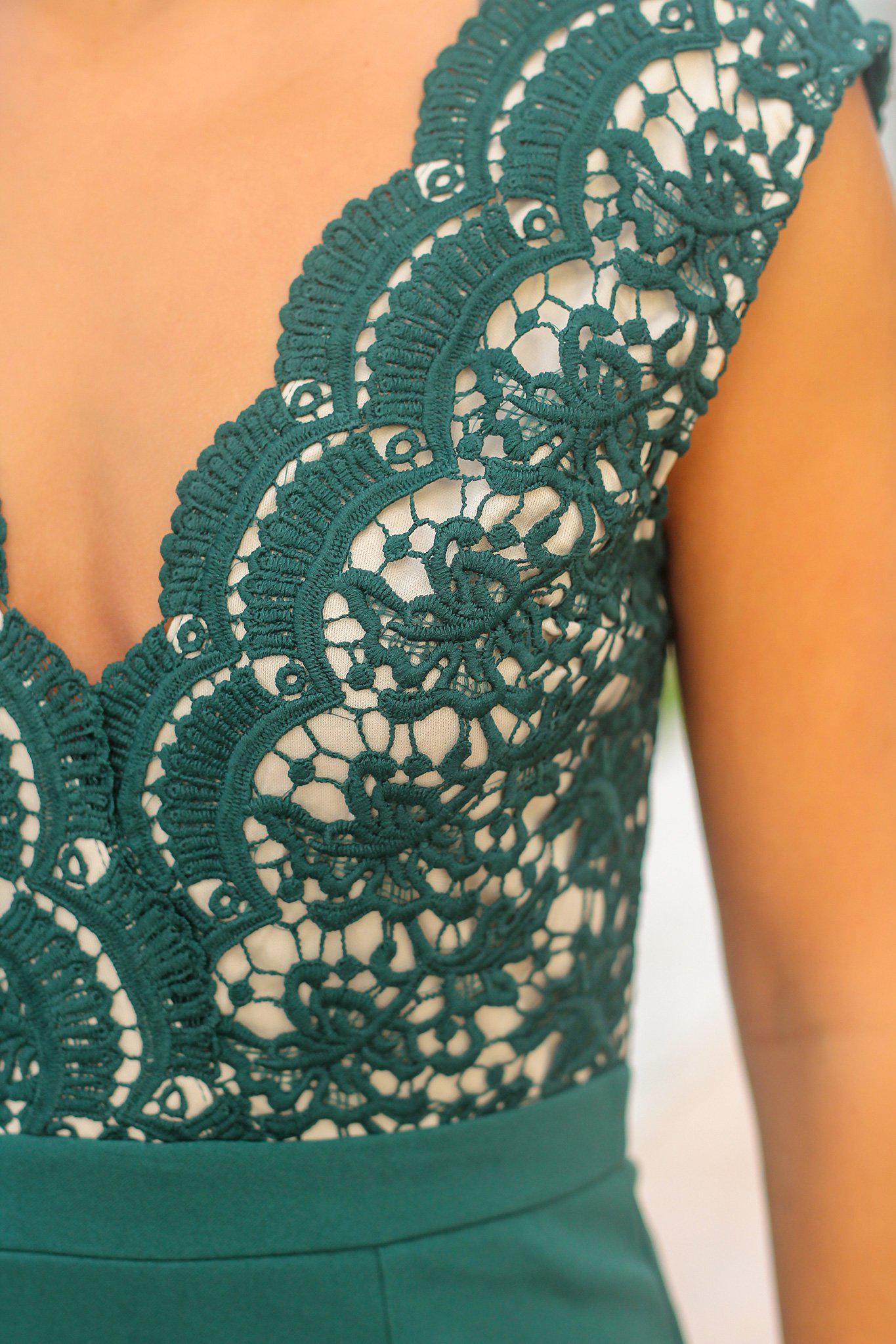 Elegant Hunter Green and Nude Crochet Maxi Dress for Special Occasions