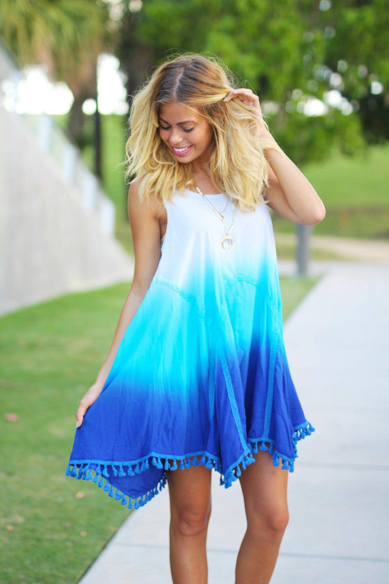Stylish Short Blue Ombre Dress Adorned with Tassels