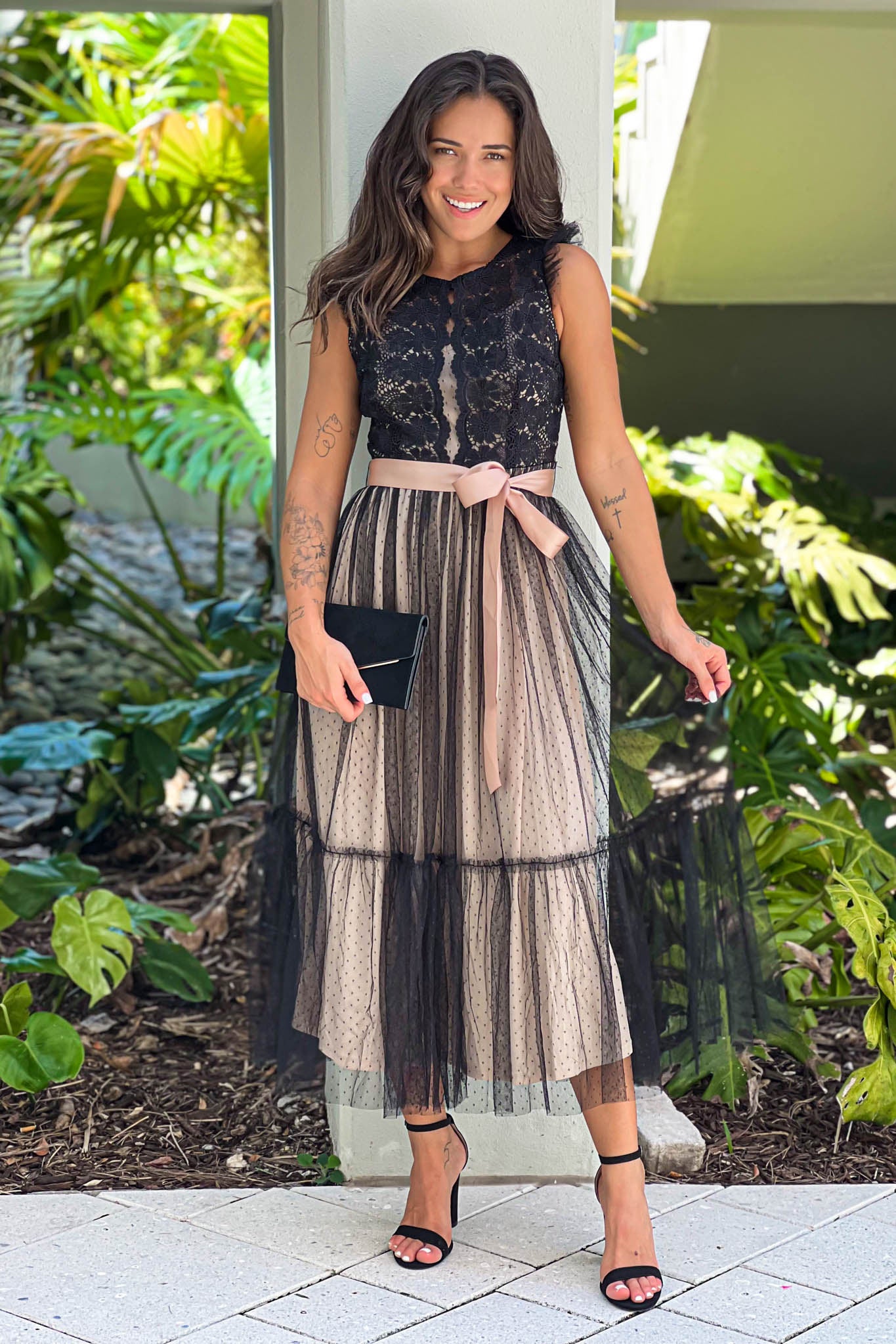 Stunning Black Lace Dress with Elegant Satin Belt
