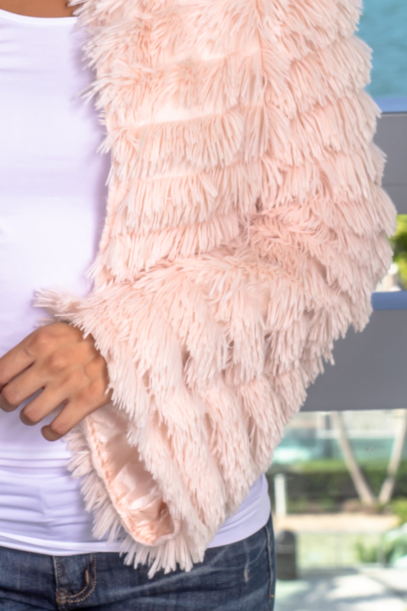Stylish Blush-Colored 100% Polyester Fuzzy Jacket for Trendy Look