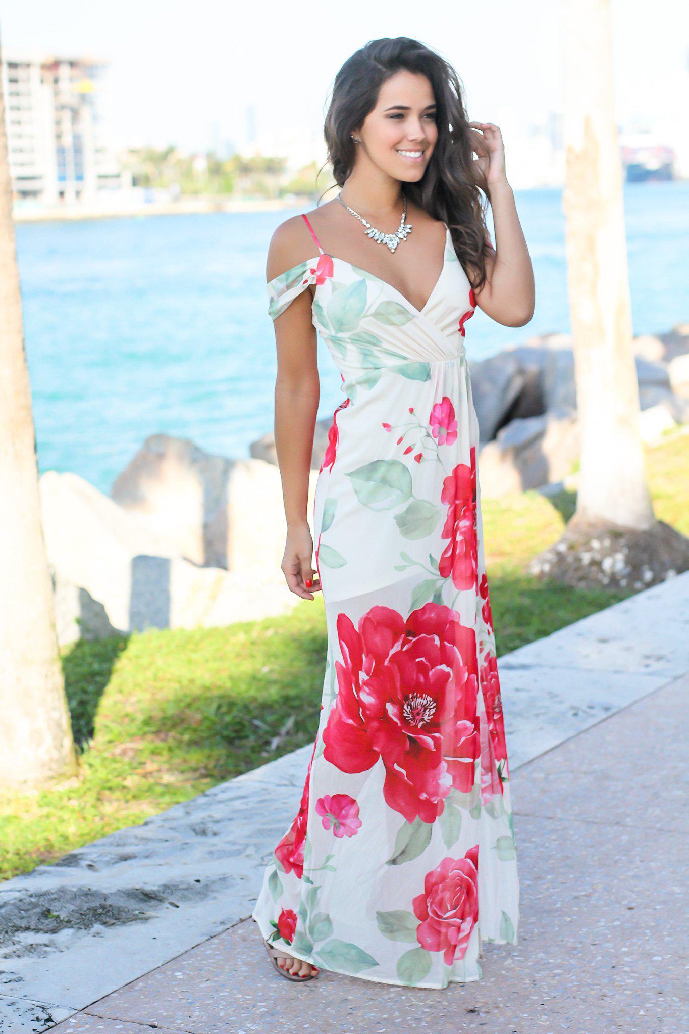 Stunning Ivory, Red and Green Floral Women's Off - Shoulder Maxi Formal Dress with Side Slit