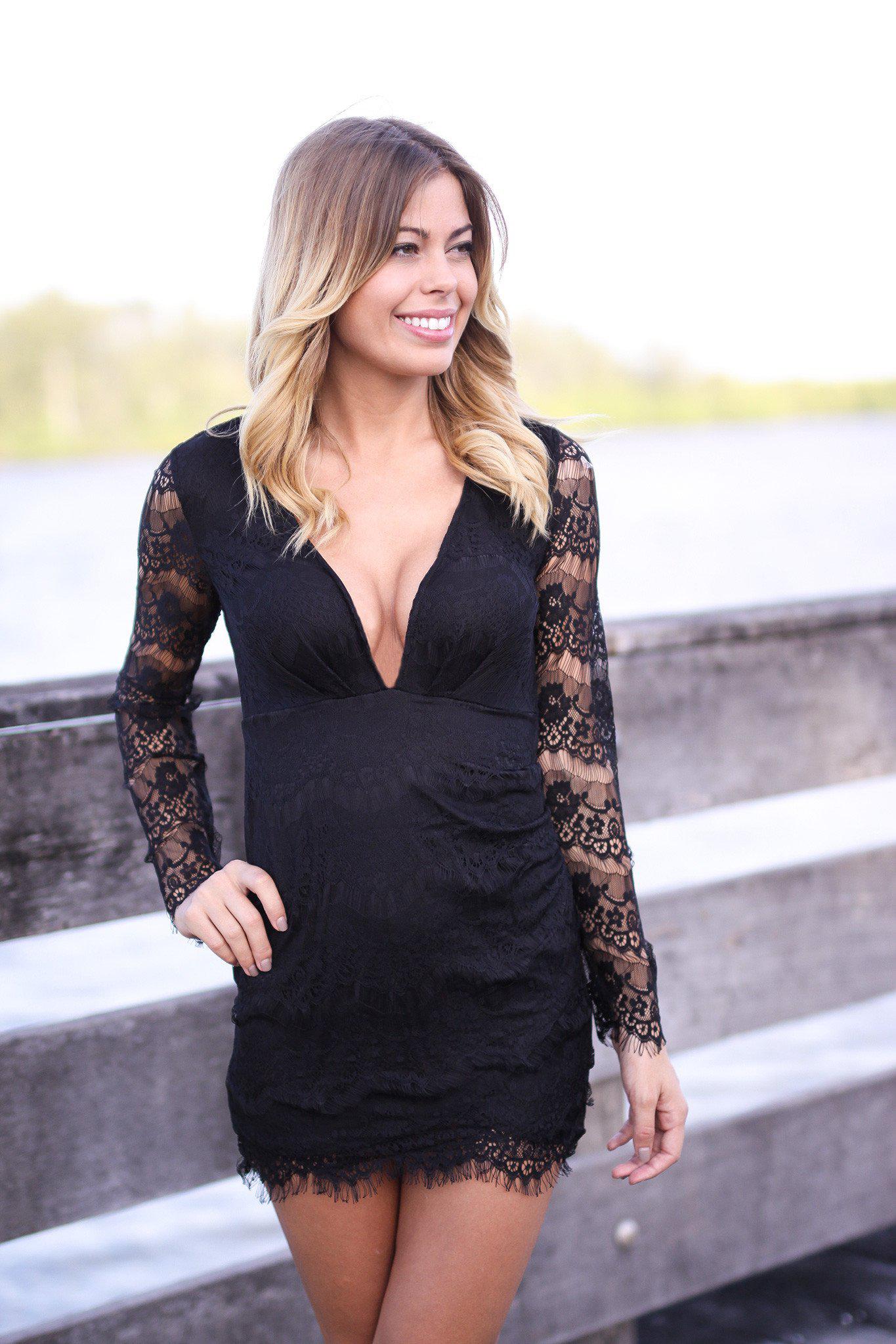 Elegant Women's Black Lace Long-Sleeved Short Dress with Open Back for Special Occasions