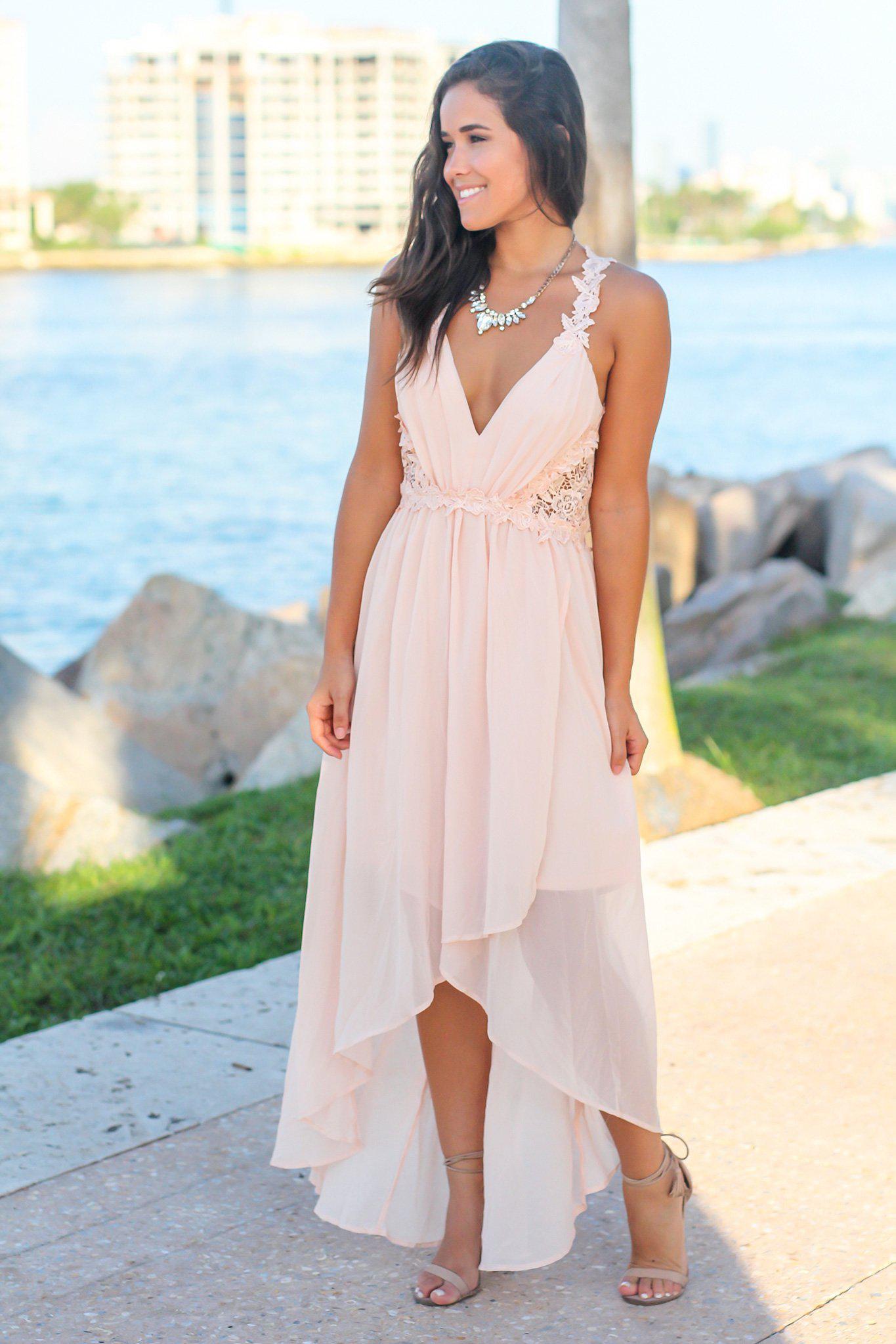 Stylish Blush Maxi Dress with Crochet Cut - Out High - Low Design