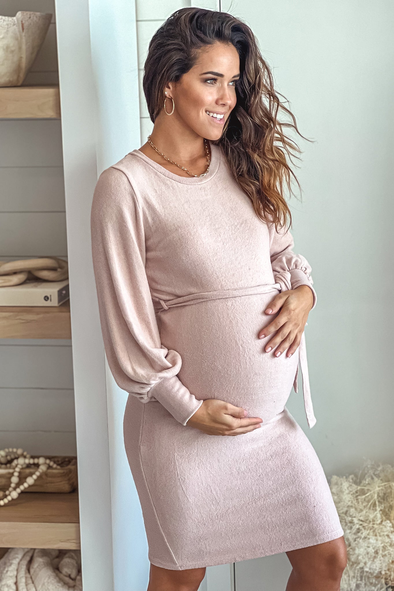 Blush-colored Maternity Sweater Dress with Long Sleeves and a Stylish Belt