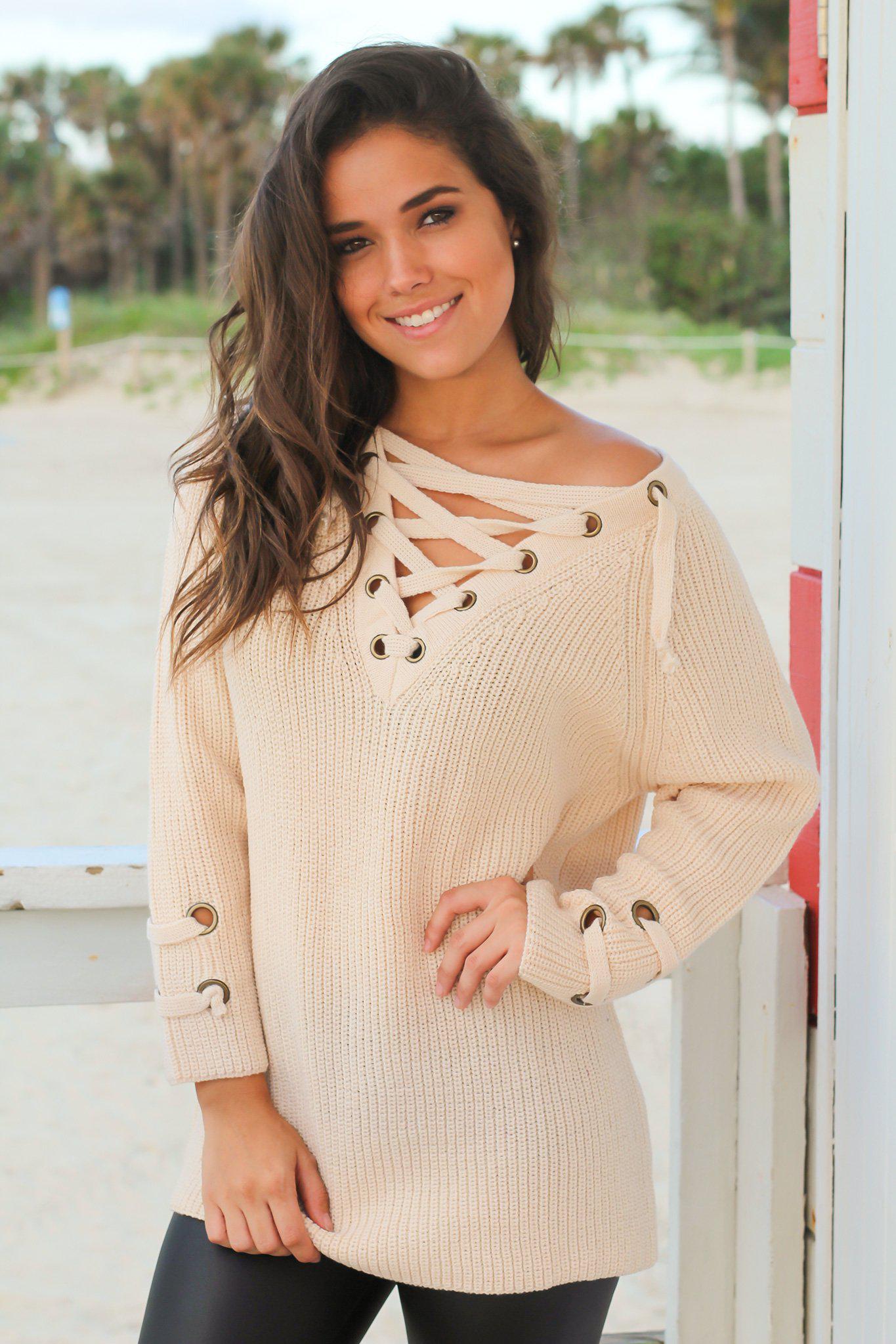 Stylish Cream-colored Knit Lace-up Women's Sweater for Fall and Winter