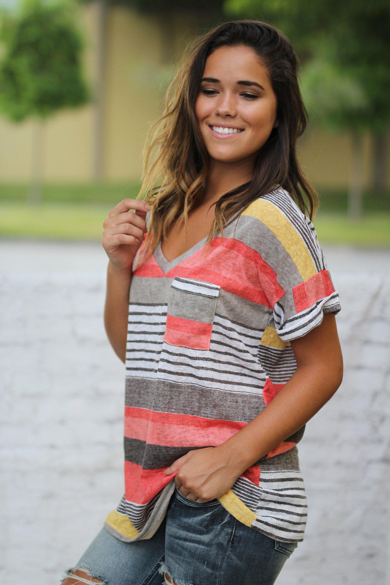 Stylish Women's Coral And Yellow Short Sleeve V-Neck Top With A Charming Front Pocket