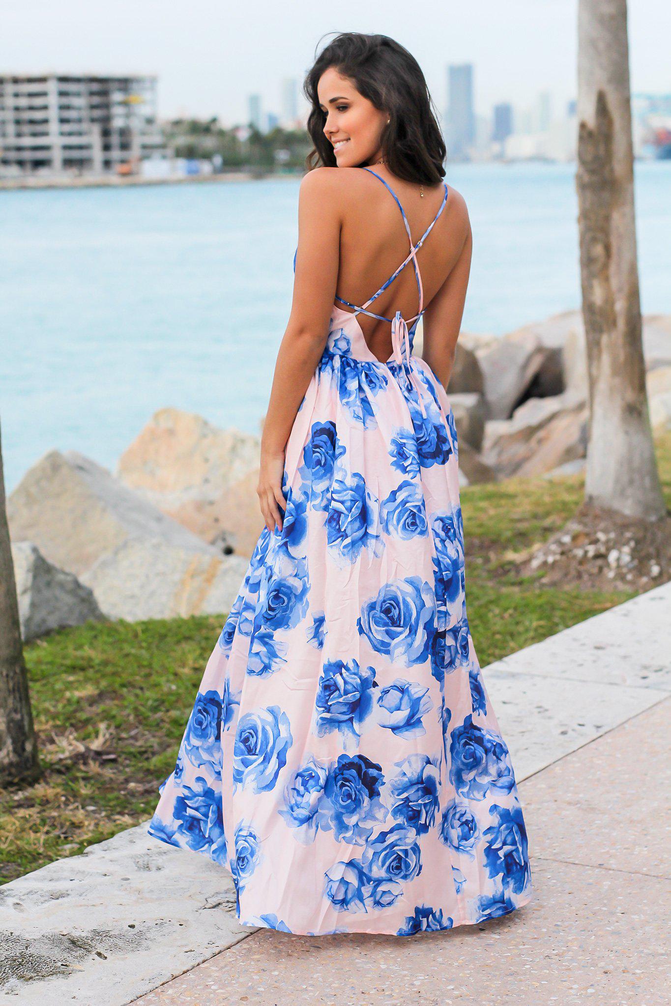 Formal Blush and Azure Floral Maxi Dress with Criss Cross Back Design