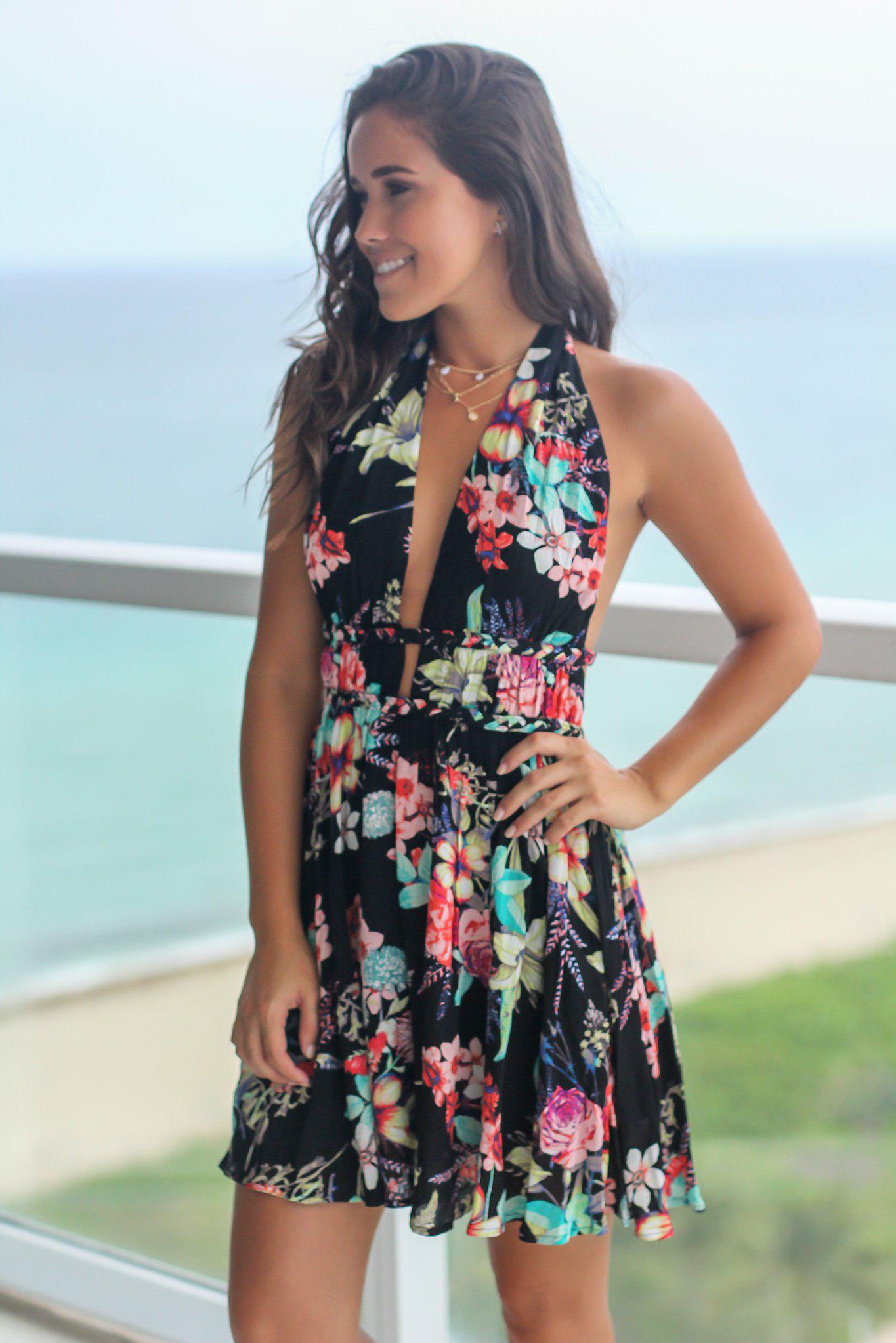 Stylish Black Floral Halter Neck Short Summer Dress for Women
