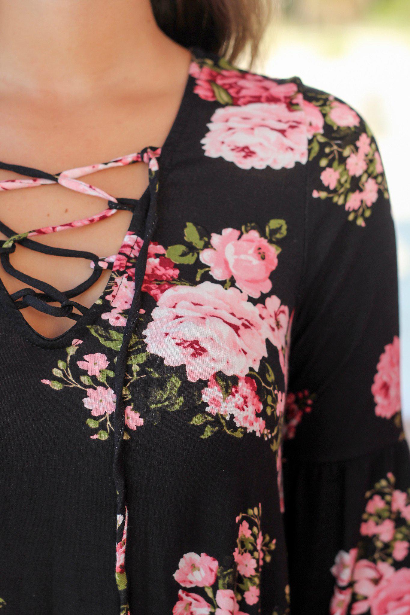 Stylish Women's Black Floral Criss Cross Long Sleeve Fashion Top