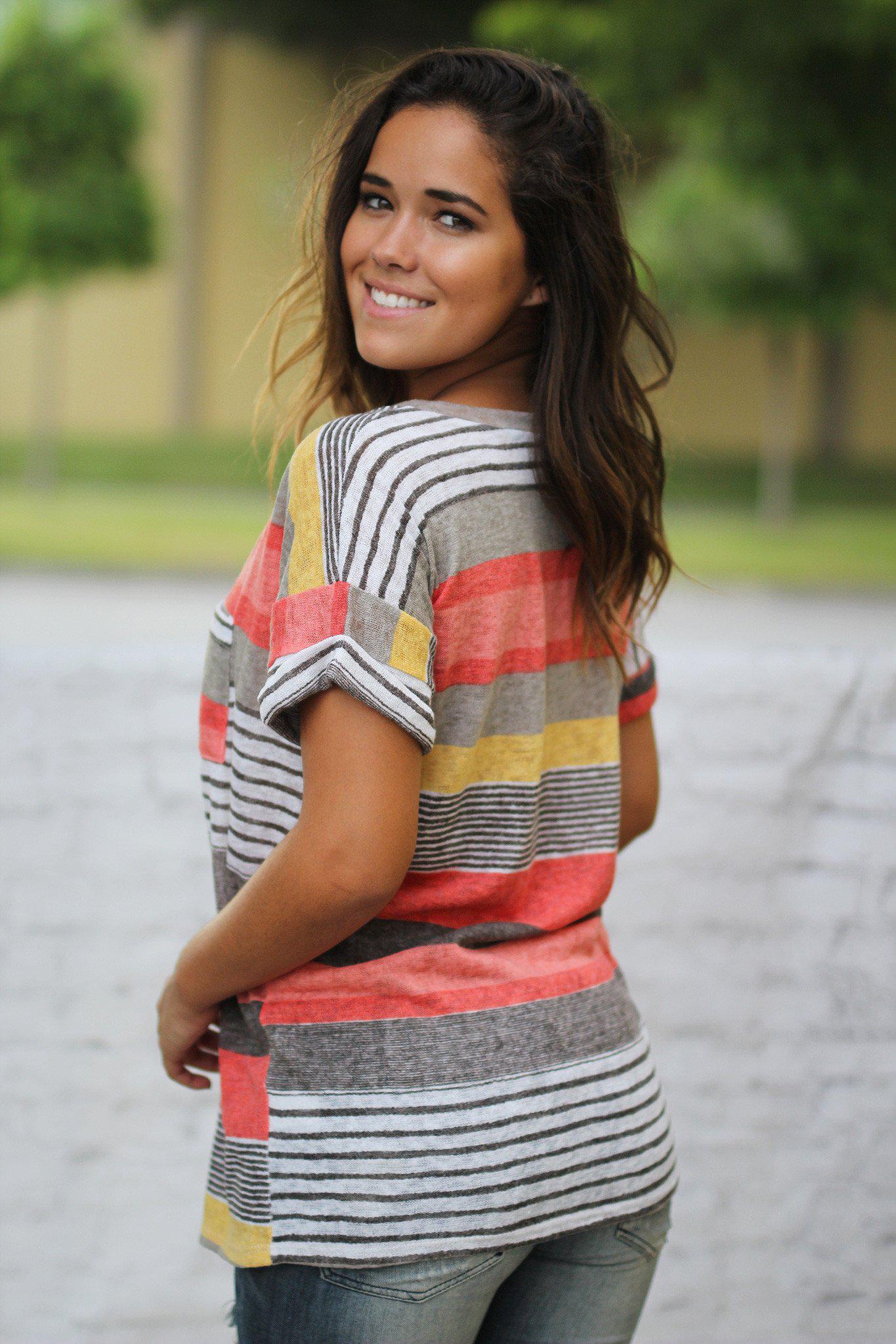 Stylish Women's Coral And Yellow Short Sleeve V-Neck Top With A Charming Front Pocket