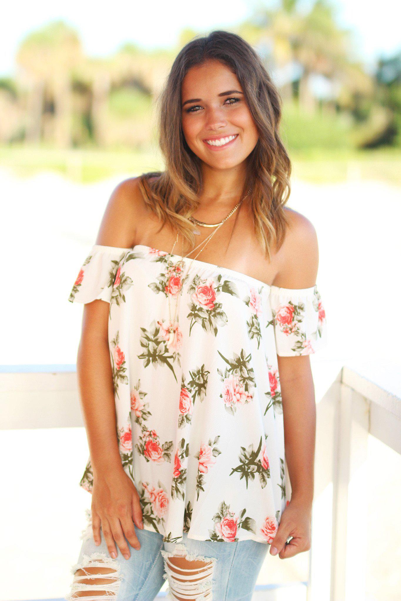 Cream Colored Floral Off-the-Shoulder Women's Fashion Top