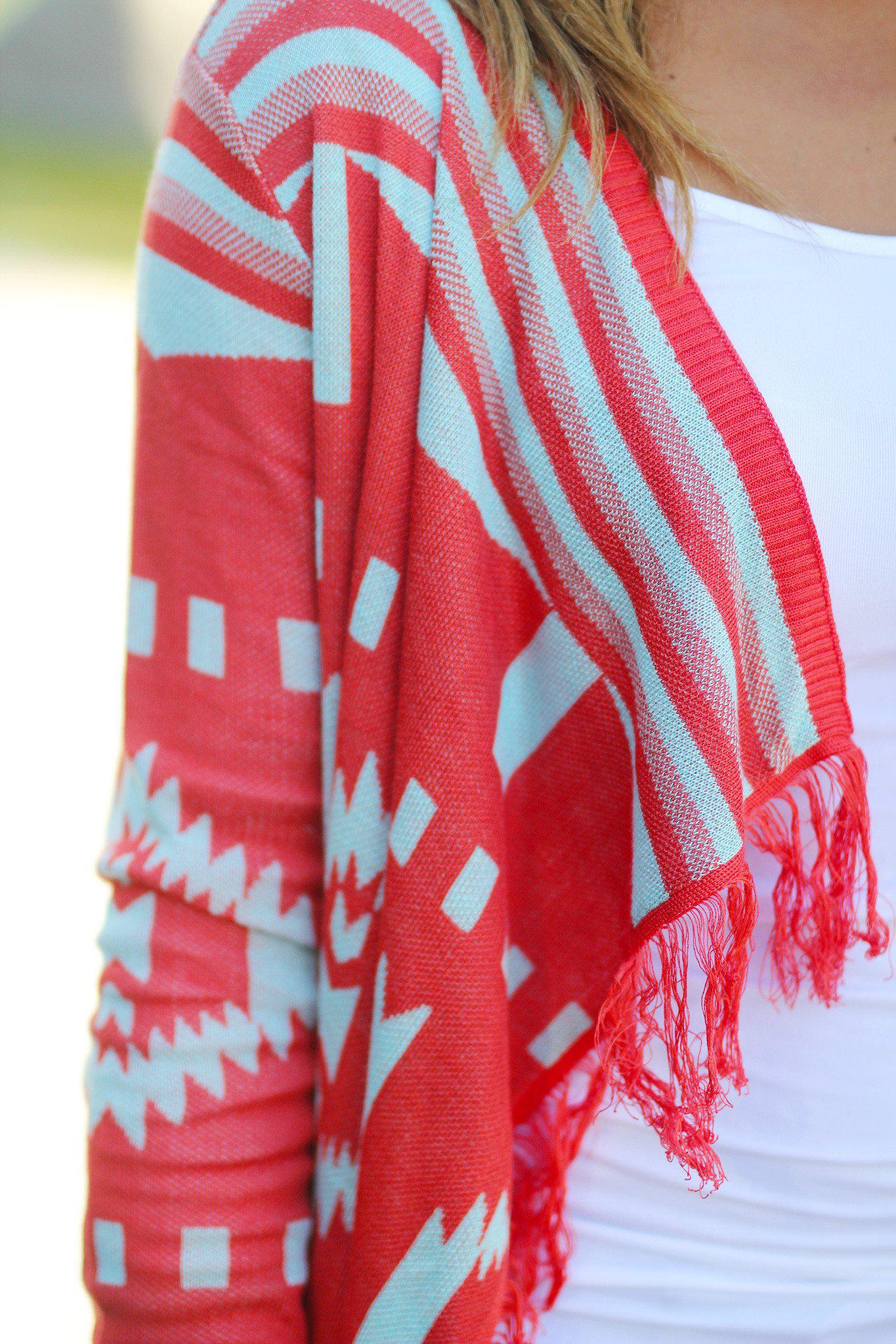 Stylish Coral and Mint Colored Fringe Open Cardigan for Warmth