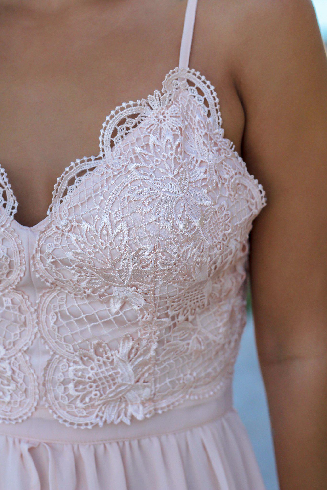 Blush Sleeveless Crochet Top Maxi Dress with Open Back and Side Slits