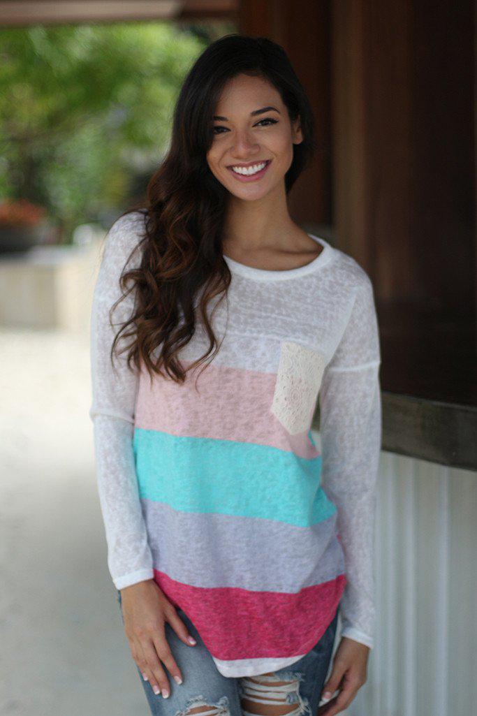 Adorable Coral, Mint & Lavender Long Sleeve Top with Crochet Pocket