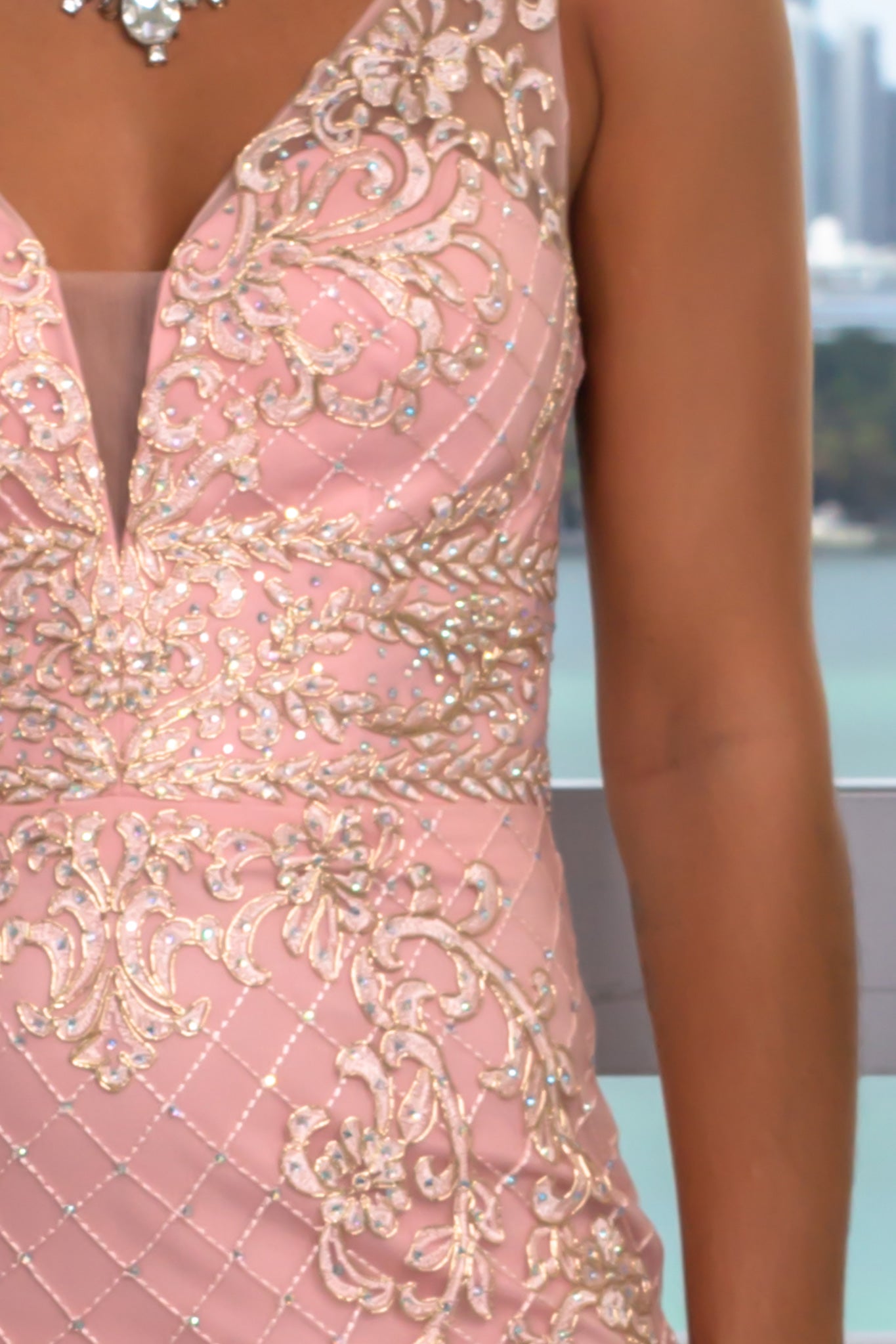 Elegant Blush-Colored Embroidered Women's Maxi Dress with Beautiful Tulle Detail