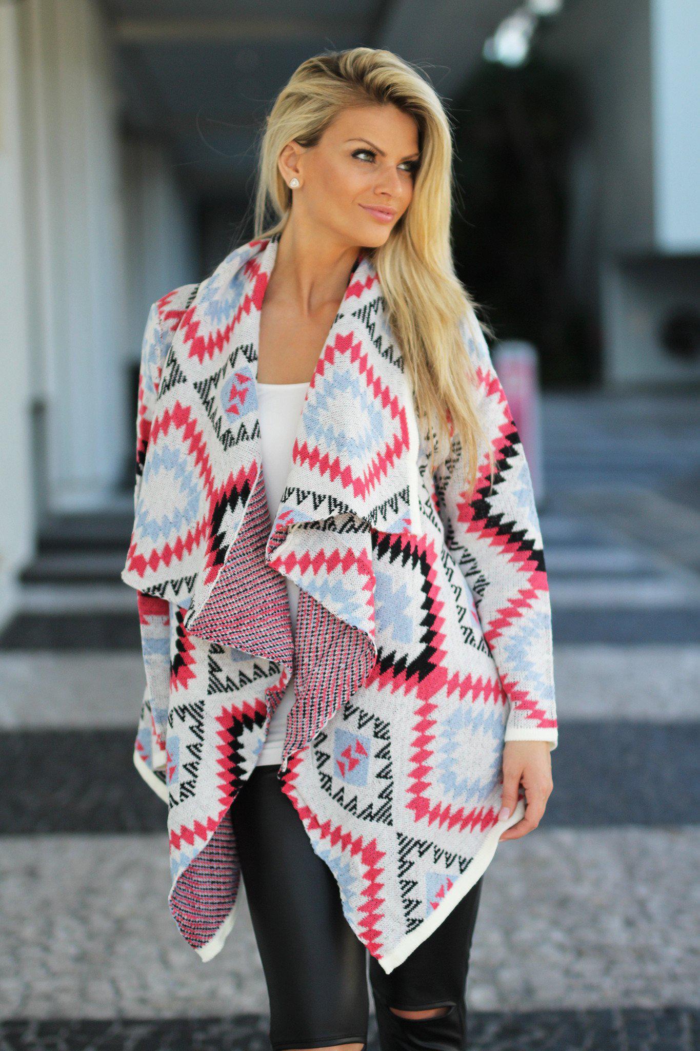 Stylish Coral Aztec Patterned Knit Sweater Cardigan for Fashion Lovers