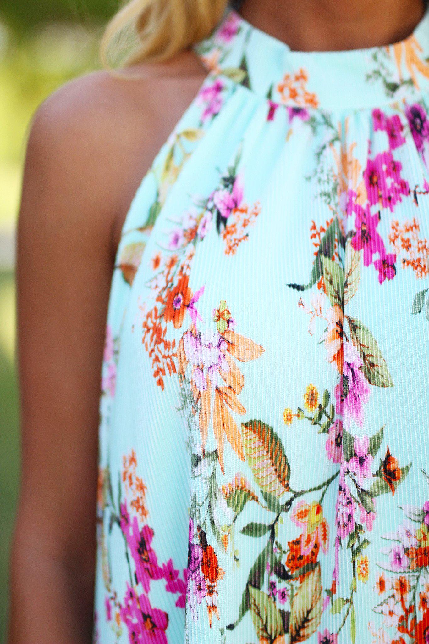 Stylish Mint Floral Loose-Fit Pleated Short Dress