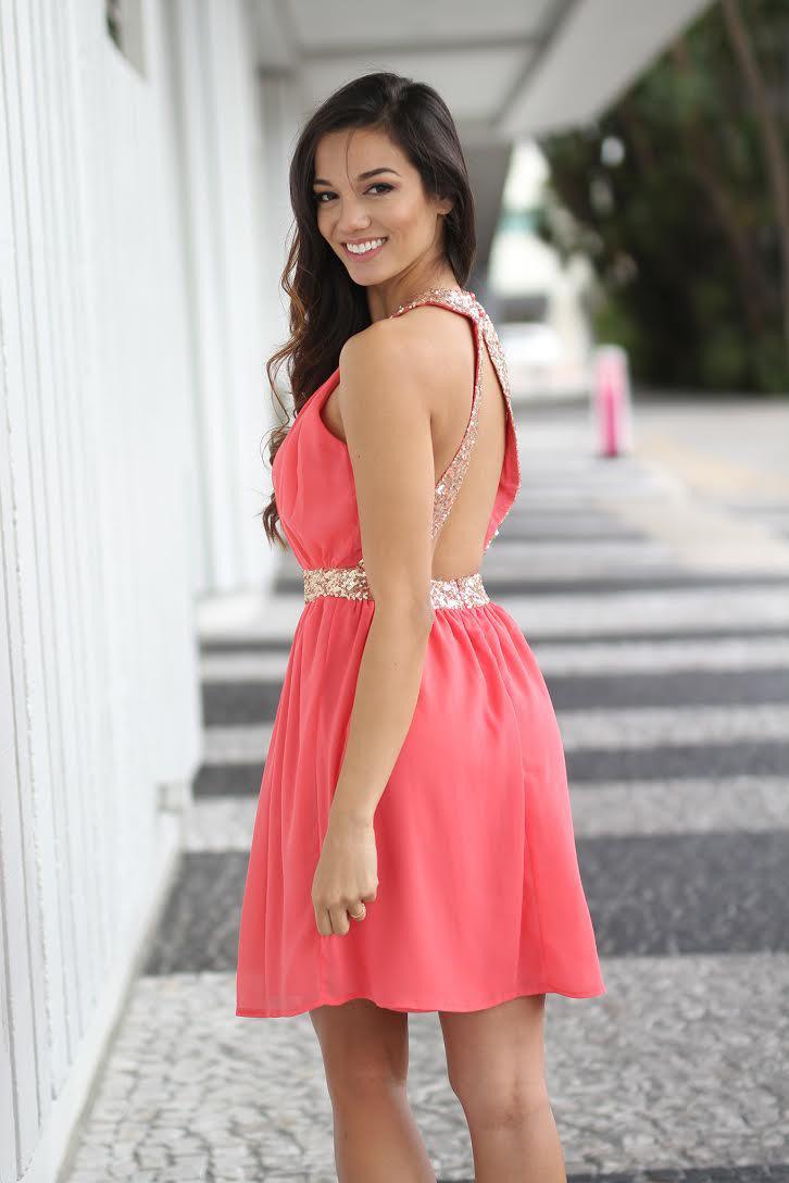 Stunning Coral and Golden Sequin Party Dress for Women